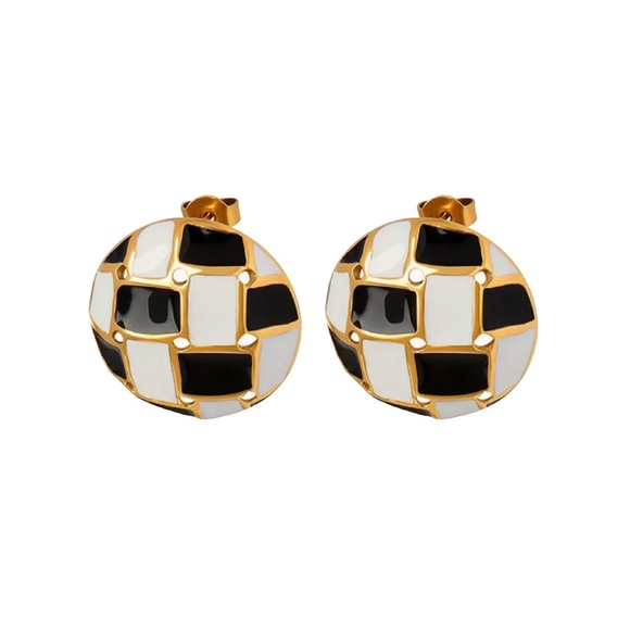 NEW💎18K Gold Plated Round Checkered Round Stud Earrings*Chunky Stud Earrings - Picture 2 of 5